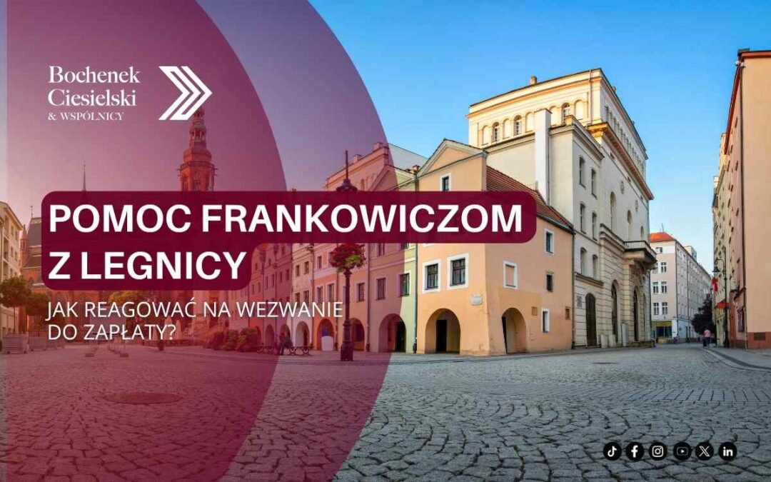 Widok rynku w Legnicy z napisem „Pomoc Frankowiczom z Legnicy. Jak reagować na wezwanie do zapłaty?” i logo kancelarii Bochenek Ciesielski & Wspólnicy.