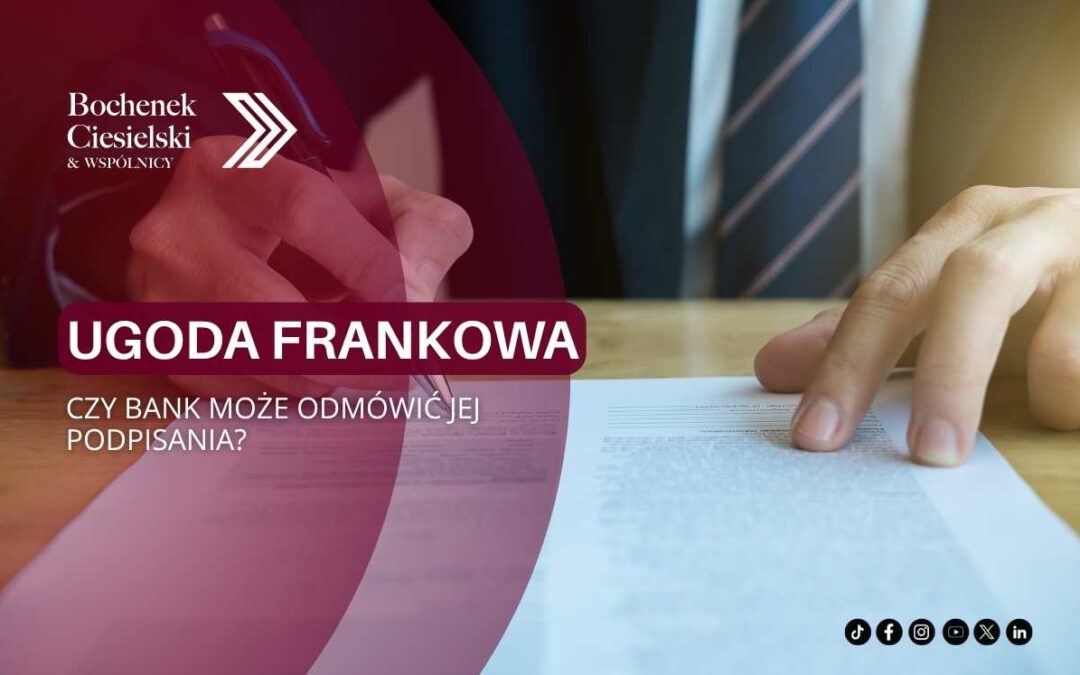 Mężczyzna podpisujący dokument z napisem „Ugoda frankowa – czy bank może odmówić jej podpisania?” – kontekst prawny ugód z bankiem.