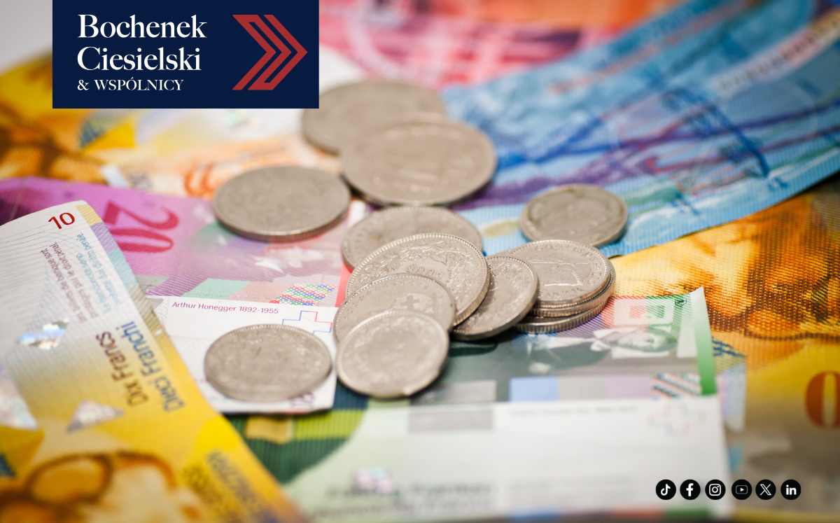 Stos szwajcarskich franków i monet na tle kolorowych banknotów, symbolizujący kredyty walutowe.