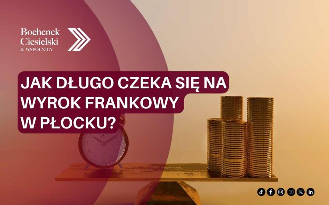 Grafika z napisem „Jak długo czeka się na wyrok frankowy w Płocku w 2025 roku?” z tłem przedstawiającym stosy złotych monet i zegar.