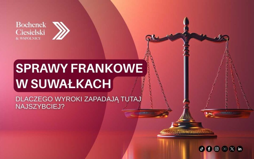 Waga Temidy na czerwonym tle z napisem: Sprawy frankowe w Suwałkach – dlaczego wyroki zapadają tutaj najszybciej?
