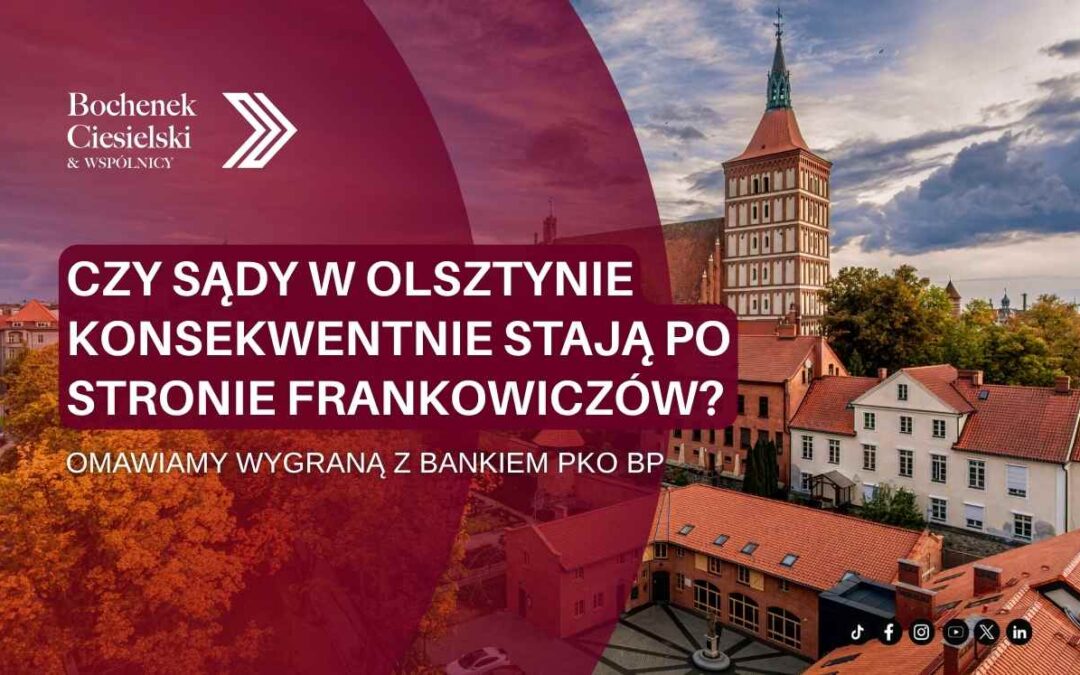 Prawnik omawia dokumenty z klientką w biurze. Kobieta trzyma głowę w dłoniach, zaniepokojona sytuacją kredytową. Logo kancelarii Bochenek Ciesielski & Wspólnicy.