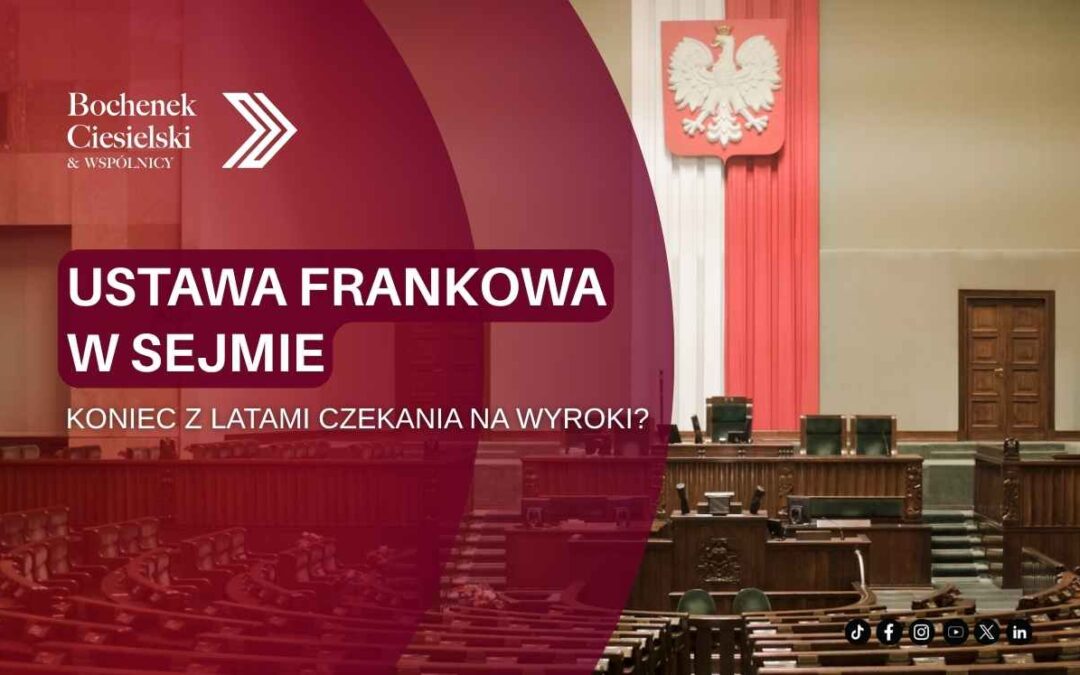 Sala obrad Sejmu RP z godłem Polski i biało-czerwoną flagą, na grafice napis Ustawa frankowa w Sejmie.