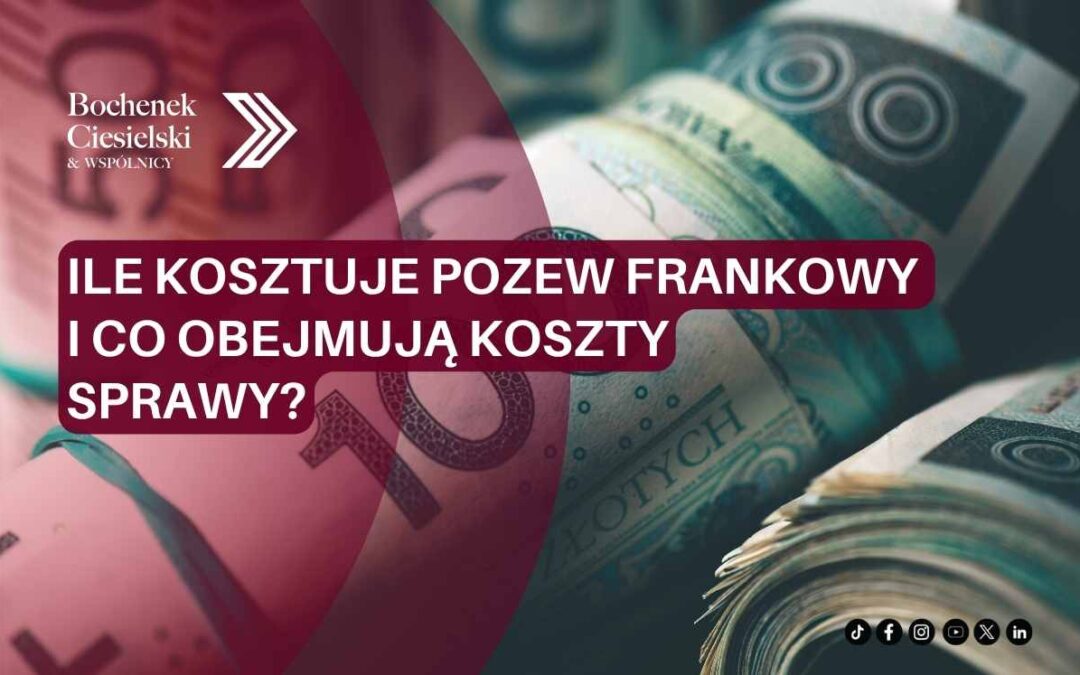 Pieniądze w tle i napis „Ile kosztuje pozew frankowy i co obejmują koszty sprawy?” – grafika kancelarii Bochenek Ciesielski & Wspólnicy.