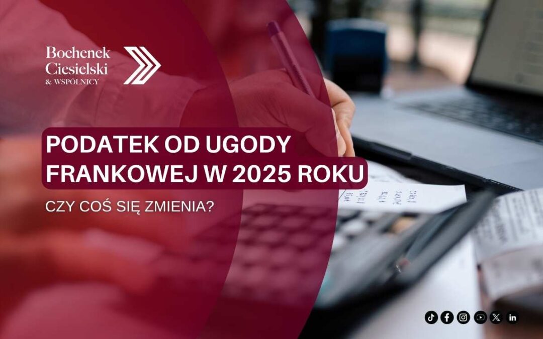 Grafika z tekstem ‘Podatek od ugody frankowej w 2025 roku. Czy coś się zmienia?’ na tle osoby analizującej dokumenty. W lewym górnym rogu logo Bochenek Ciesielski & Wspólnicy.