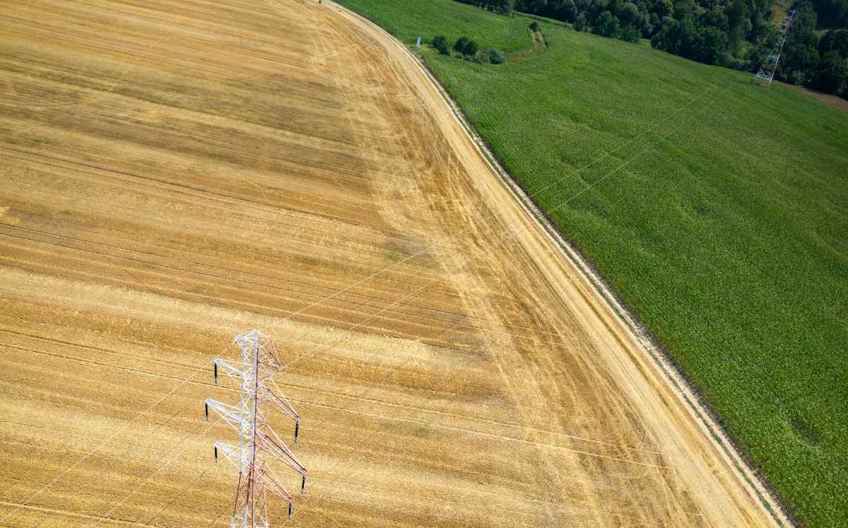 Słup wysokiego napięcia na granicy dwóch pól uprawnych widzianych z lotu ptaka.