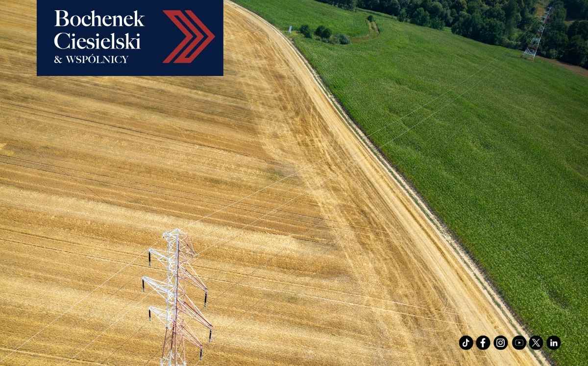 Linia energetyczna i metalowy słup wysokiego napięcia na tle pól uprawnych.