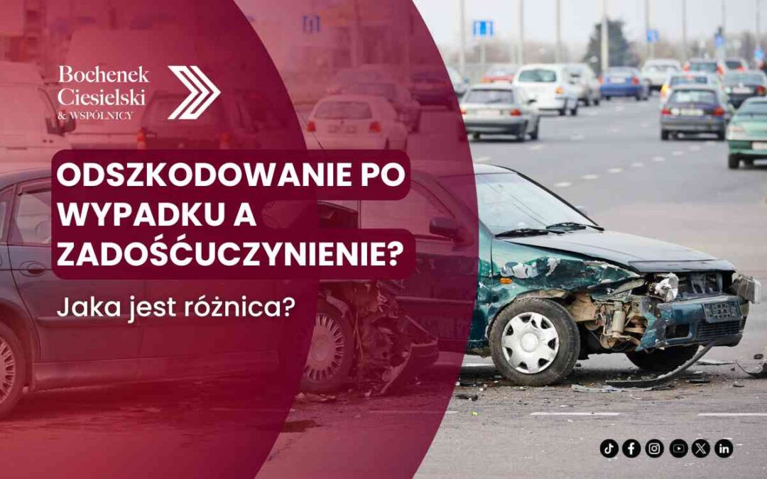 Banner advert in Polish: 'Odszkodowanie po wypadku a zadośćuczynienie? Jaka jest różnica?' over a burgundy overlay with a damaged car in the background; promotes legal services.
