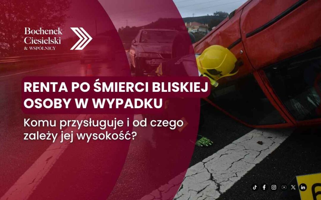 Wypadek drogowy i grafika informacyjna o rencie po śmierci bliskiej osoby oraz zasadach jej przyznawania