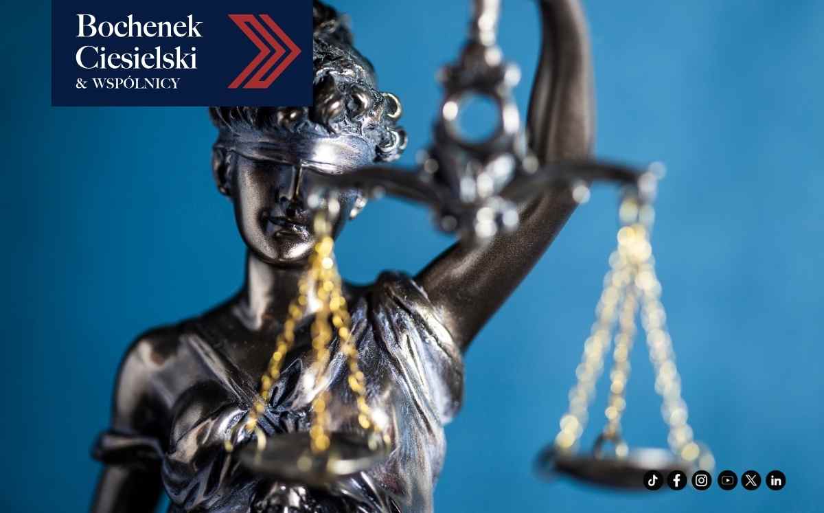 Symbol sprawiedliwości na grafice kancelarii Bochenek, Ciesielski i Wspólnicy dotyczącej wyroku TSUE i sankcji kredytu darmowego.