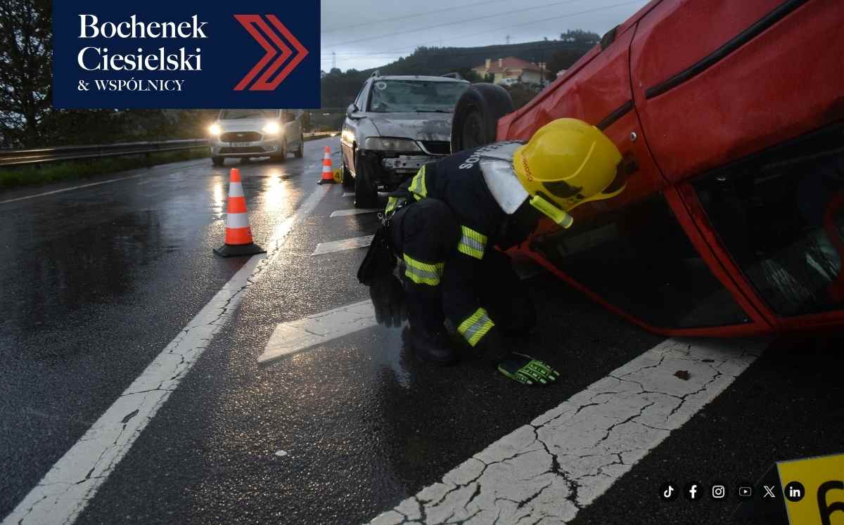 Wypadek drogowy z udziałem przewróconego samochodu i służb ratunkowych – grafika dotycząca odszkodowań po wypadkach komunikacyjnych.