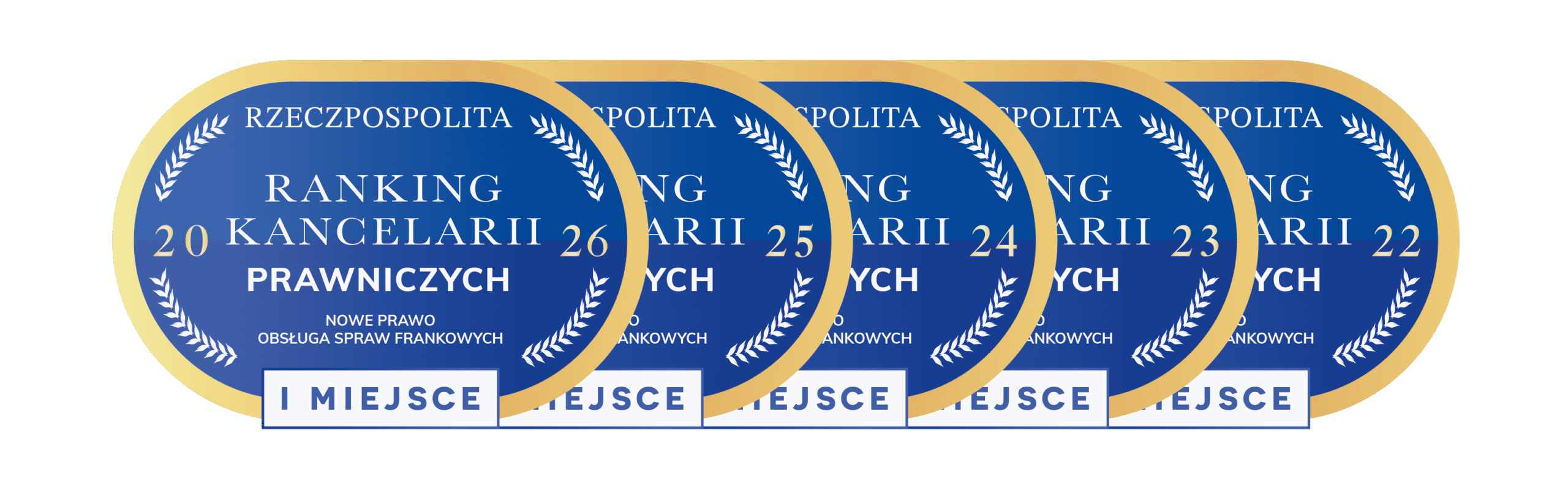 Five overlapping blue and gold award medals with laurel motifs, showing 'Ranking Kancelarii Prawniczych' and 'I MIEJSCE' label for first place w ranking badges.