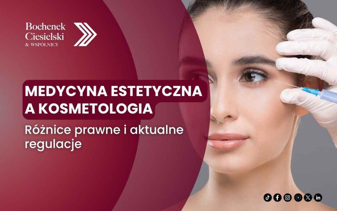 Promotional banner for aesthetic medicine and cosmetology, showing a woman receiving a facial injection; text discusses legal differences and current regulations in Polish.