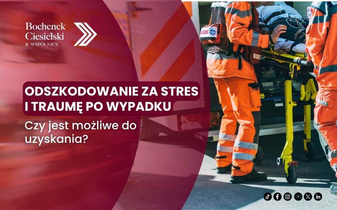 Polish law-firm banner about compensation for stress and trauma after an accident, showing the headline and responders in orange uniforms.