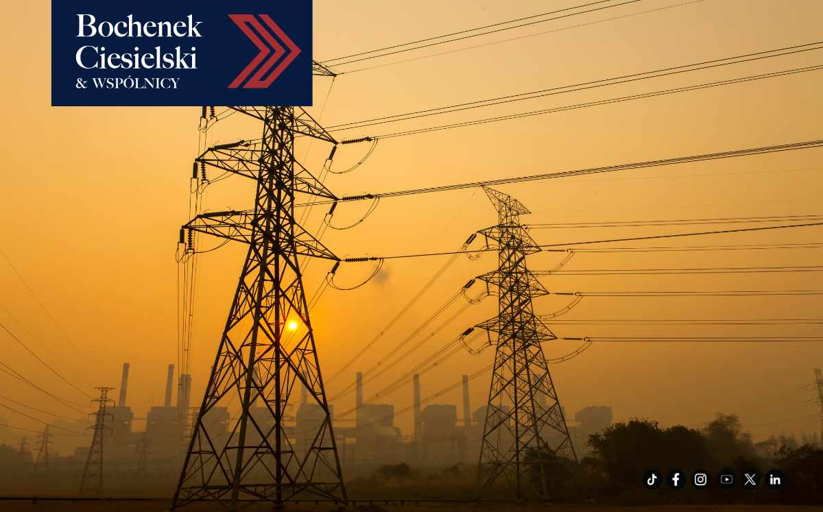 Sunset over high-voltage transmission towers and power lines with an industrial skyline; company logo in the top-left corner.