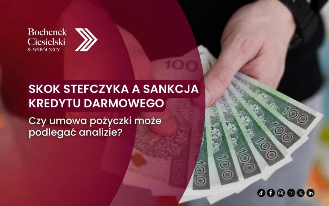 Educational banner about loan sanctions: Polish text on maroon overlay with cash in hand and firm logo in corner