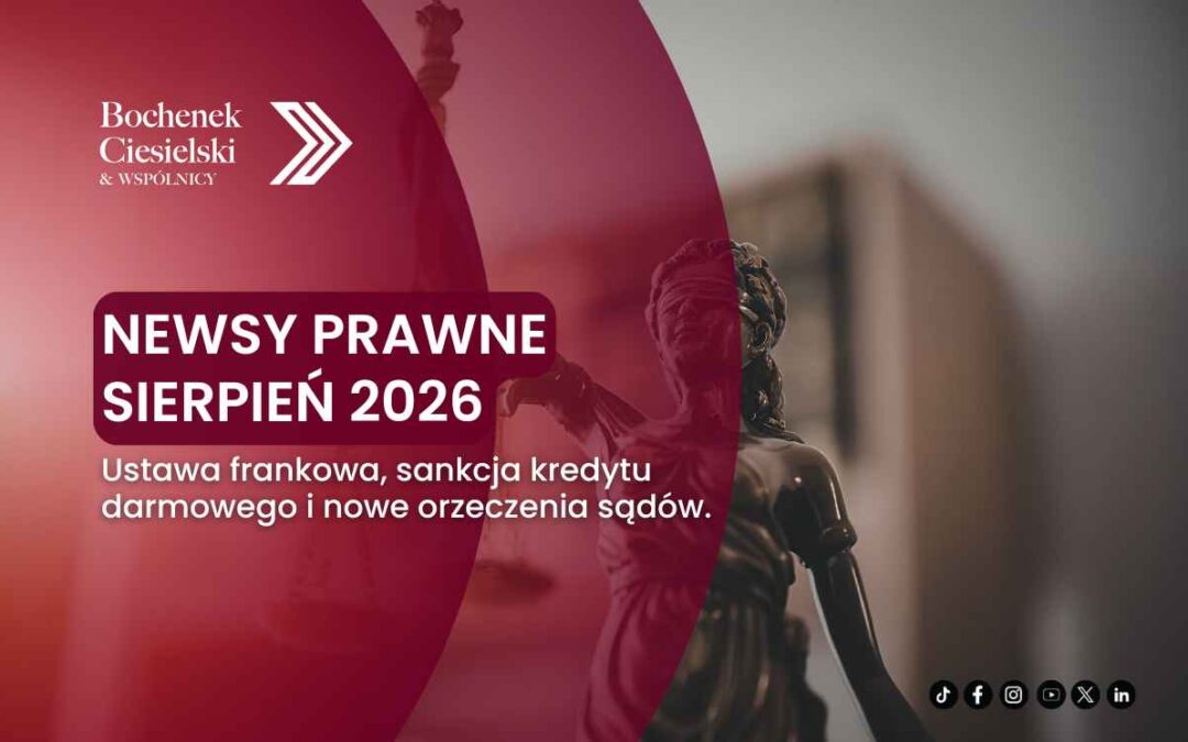 Hero banner for Bochenek Ciesielski & Wspólnicy announcing 'NewsPrawne Sierpień 2026' with a red curved overlay and statue, plus social icons at the bottom.