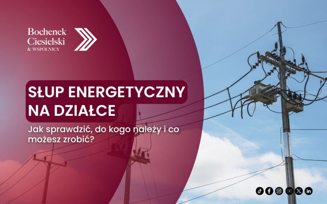 Obrazek przestawia tytuł artykułu "Słup energetyczny na działce - jak sprawdzić, do kogo należy i co możesz zrobić?" oraz linie energetyczne na błękitnym tle