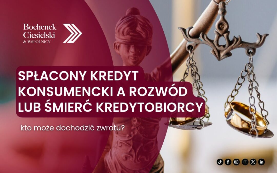 Zbliżenie na posąg sprawiedliwości i pęknięte obrączki ślubne. Na obrazie jest tytuł artykułu.